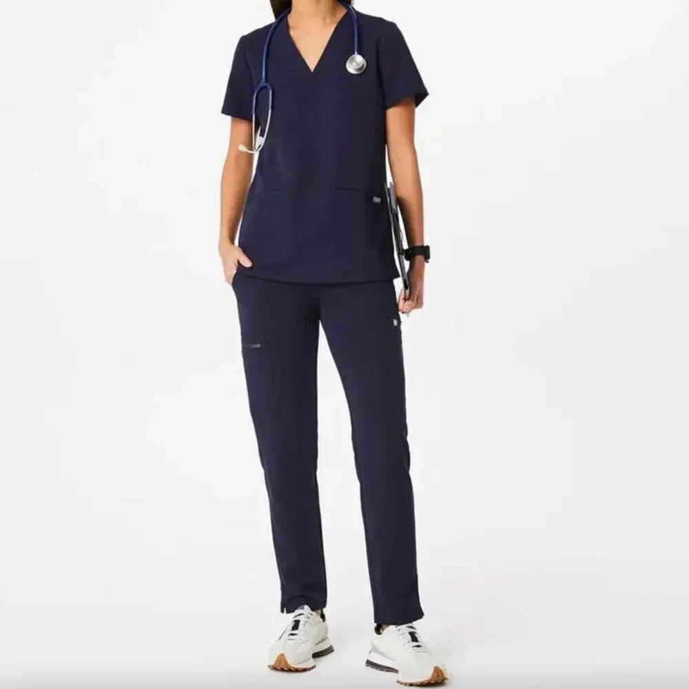 Figs Navy Blue Casma Short Sleeve Top + Yola Skinny Slim Bottoms Scrubs Set